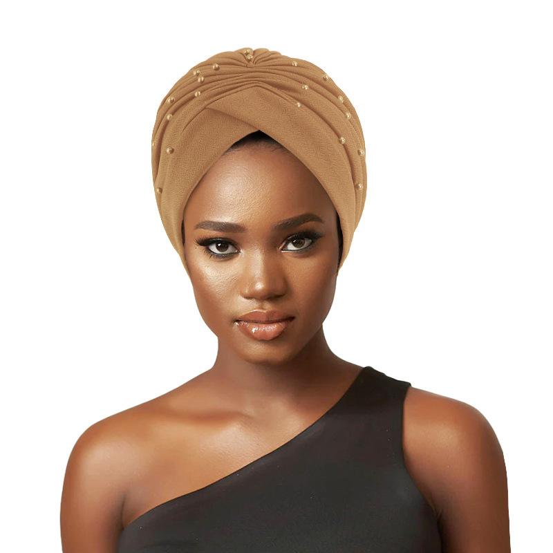 New Women Pearls Beaded Turban Hats Beanies Muslim Headwraps Ladies Hijab Stretch African Hair Loss Bonnet Chemo Cancer Cap