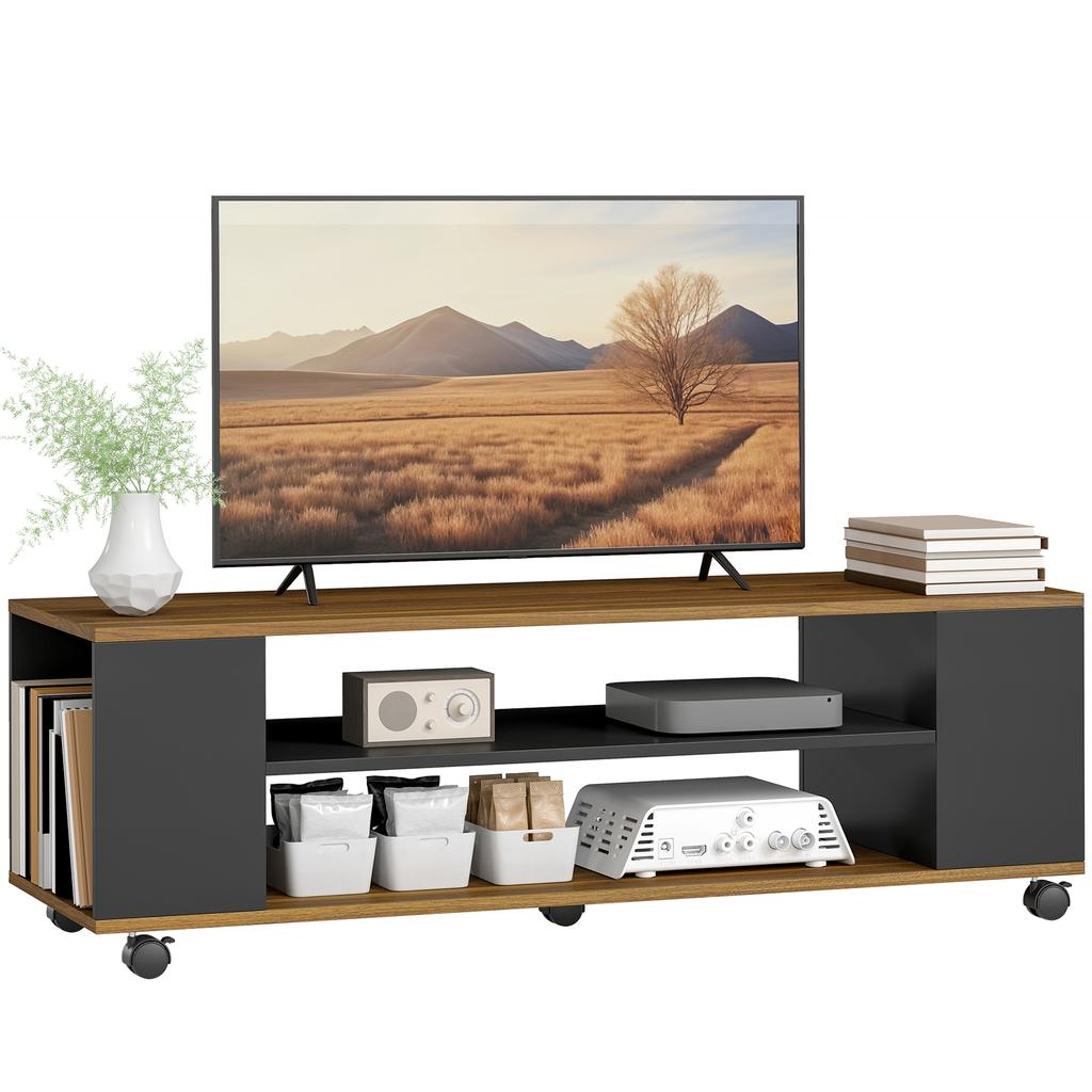 Suspended Or Floor Standing TV Cabinet With Wheels 4 Shelves For 55 Inch Television 120x40x38.5 Cm Walnut And Black