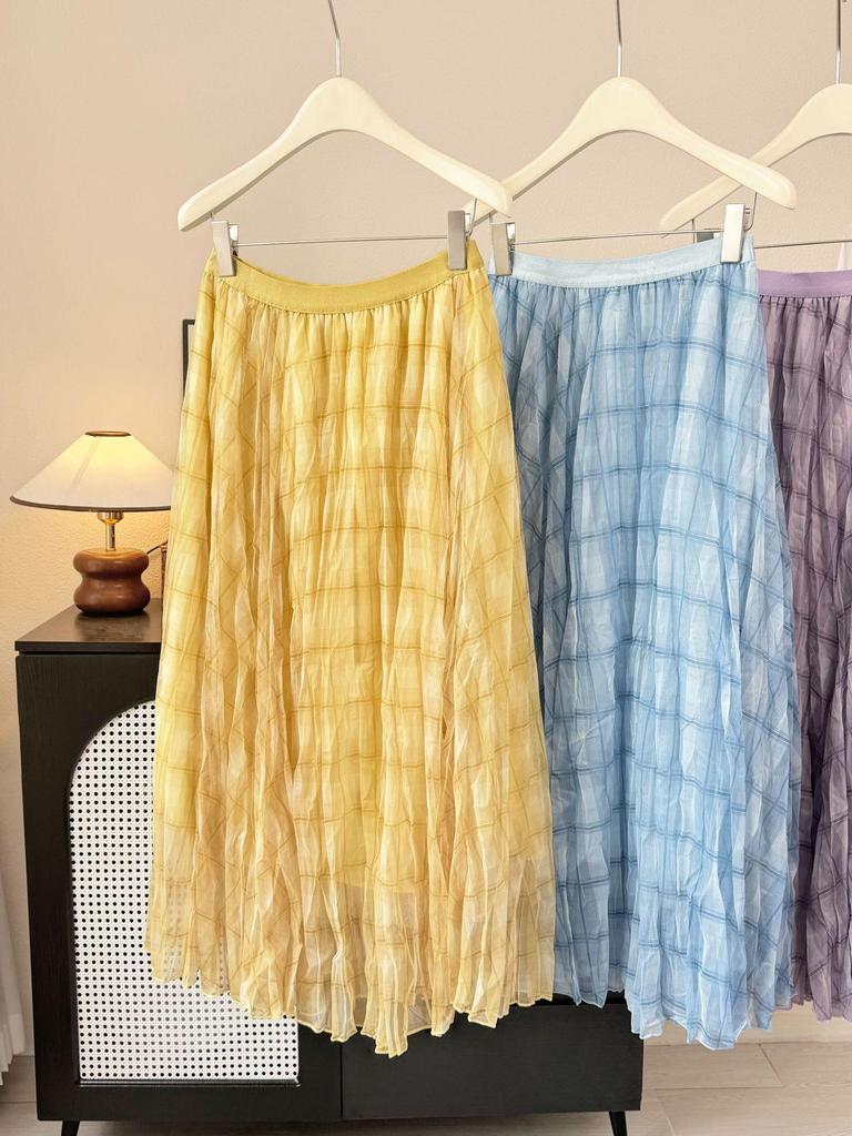 Design-Forward Plaid Mesh Midi Skirt: 2026 Spring/Summer Women's Wrinkled Drape Resort Skirt