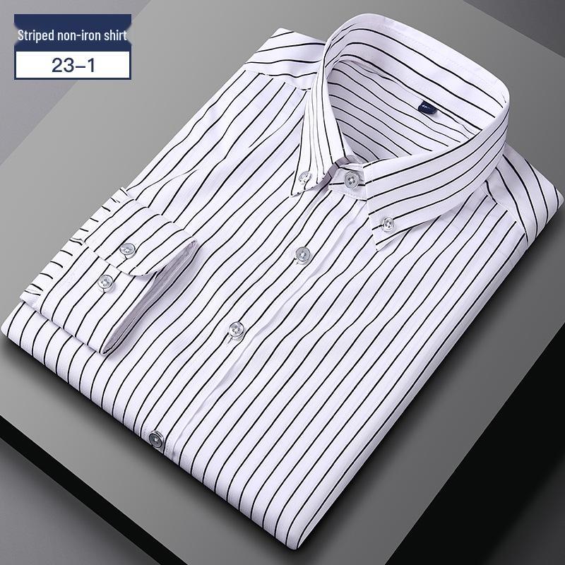 Men's Business Casual Striped Long Sleeve Shirt with Button-Down Collar