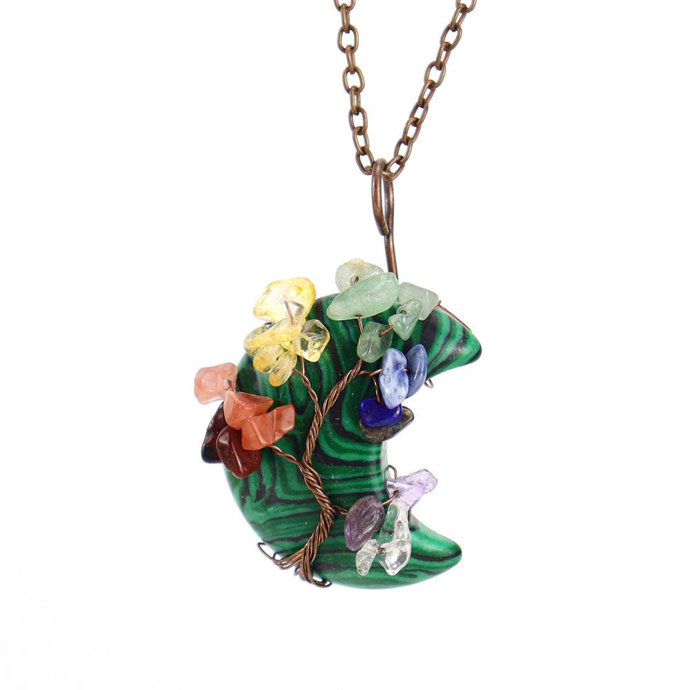 Vintage Handmade Winding Gravel Crystal Tree Of Life Natural Stone Moon Pendant N692