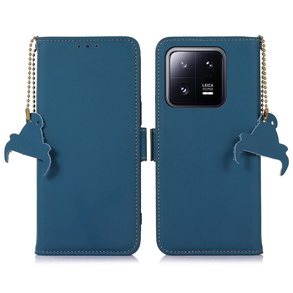 

For Xiaomi 13 5G RFID Blocking Phone Case Genuine Leather Hands-free Stand Wallet Magnetic Flip Cover Blue