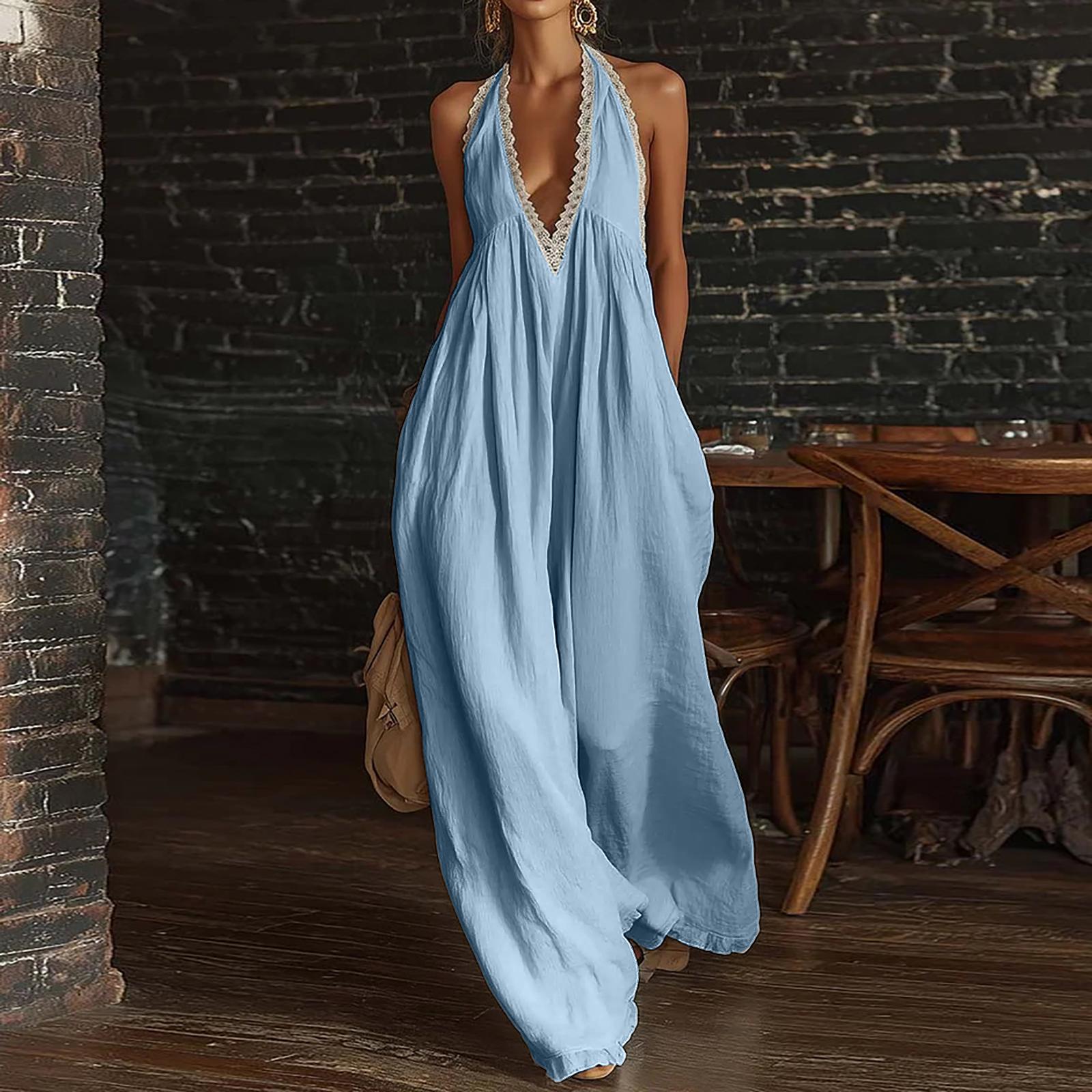 

Women’s Loose Fit Elegant Linen Jumpsuit with Lace Trim Sleeveless V Neck Wide Leg Comfortable Casual Style Outfit XL