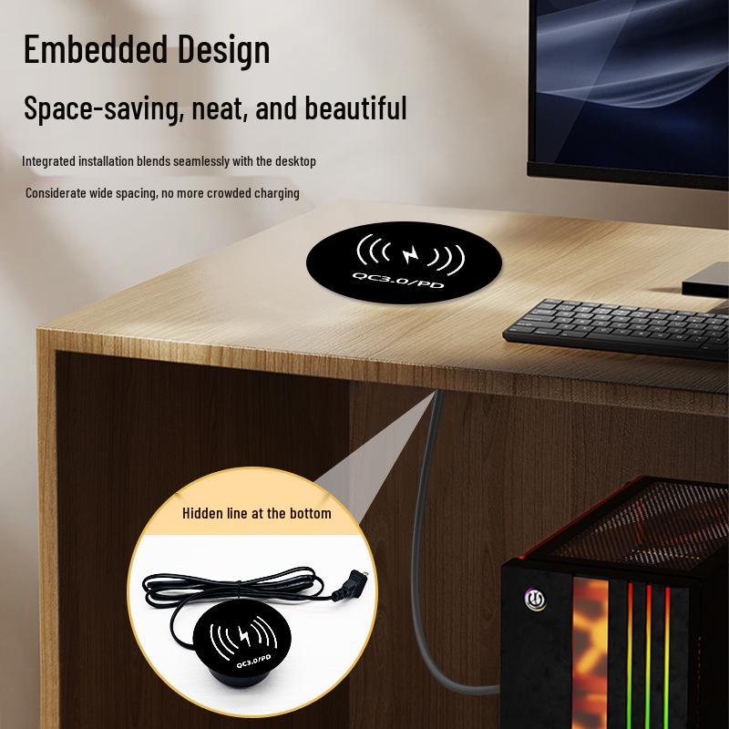 Built-in Wireless Charger Power Strip with Direct Plug-in for Hidden Desktop and Phone