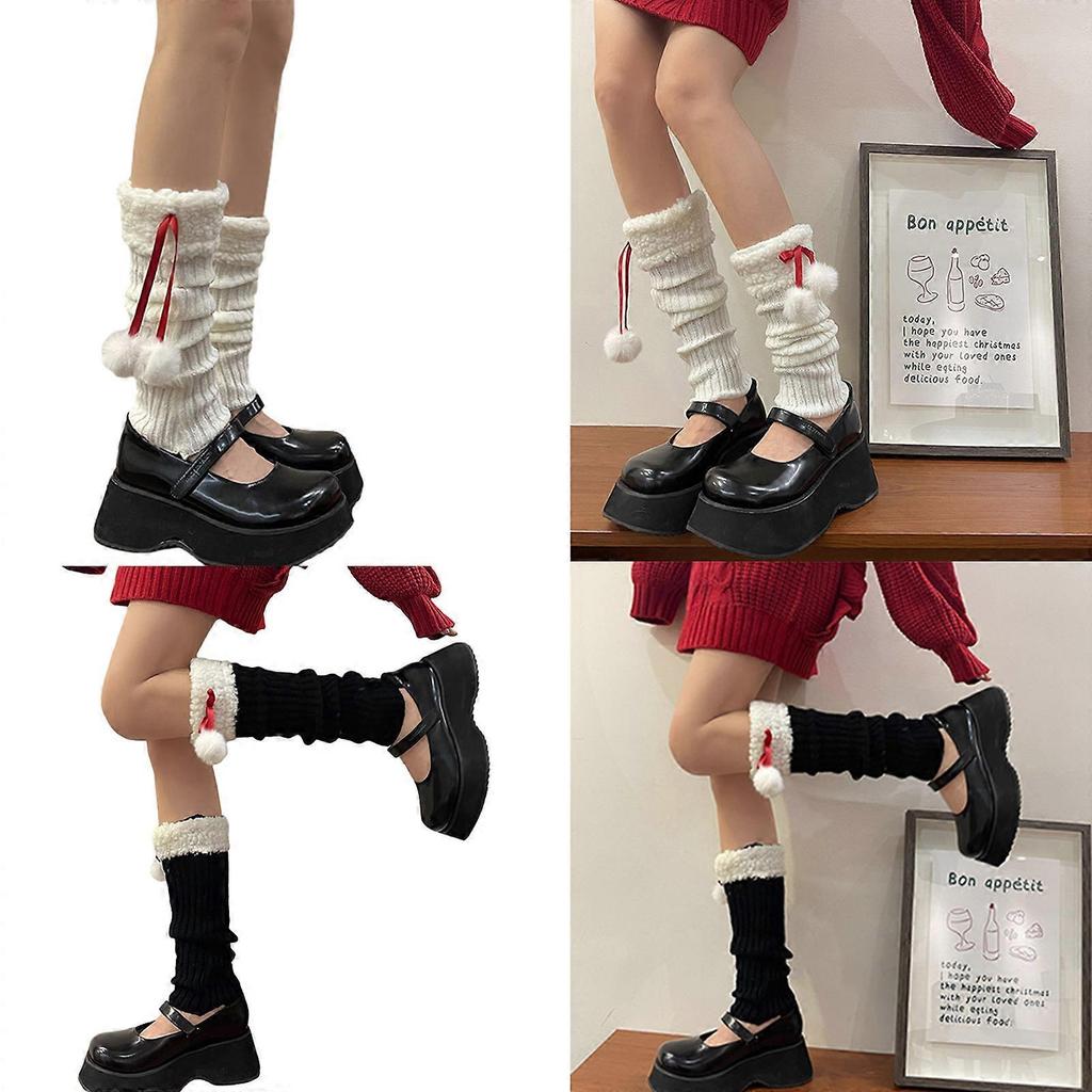 Ribbed Knit Leg Warmers Long Socks for Women Y2K Cute Furry Trim Plush Ball Bow Boot Cuffs Leg Cover Christmas Stockings White