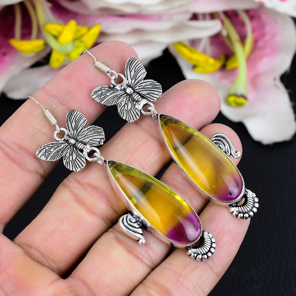 Bi-Color Tourmaline Gemstone 925 Sterling Silver Jewelry Earring 3.15" KG-1774