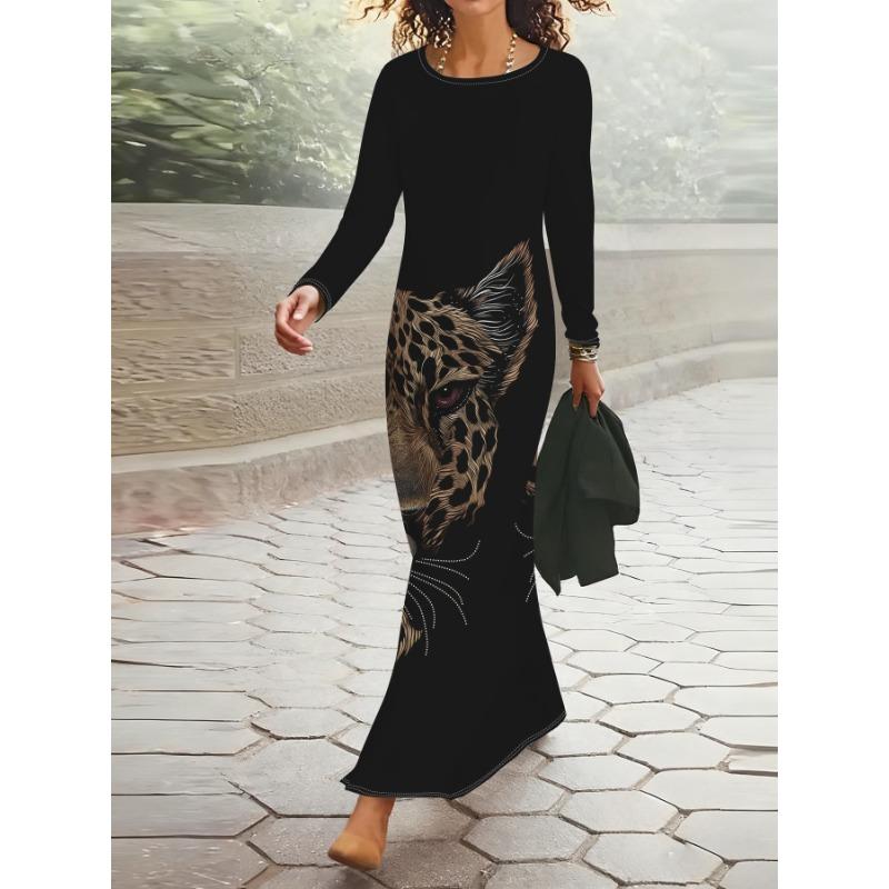 Elegant Women's Long-Sleeve Maxi Dress, Round Neck Long-Sleeve Dress, Printed Fabric, for Home, Vacation, and Commuting, Soft and Breathable Fabric