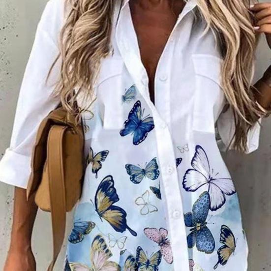 Lady Shirt Butterfly Print Turn-down Collar Single-breasted Artistic Spring Top for Daily Wear