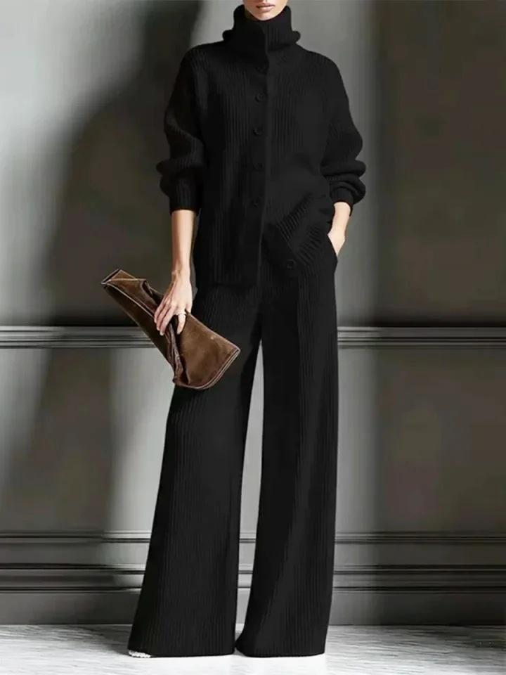 Women's High Neck Button Front Knit Sweater Top and Wide Leg Pants Lounge Set in Gray