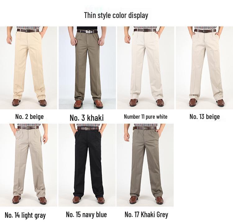 Pantaloni Casual de Vară din Bumbac cu Croială Largă pentru Bărbați - Talie Înaltă, Picior Drept, Cu Pliuri Duble pentru Bărbați de Vârstă Mijlocie și Vârstnici