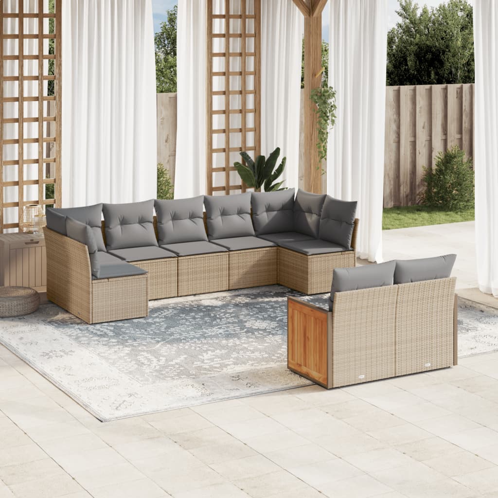 Vidaxl 9-Cz. Garden Furniture Set With Cushions, Beige, Poly Rattan