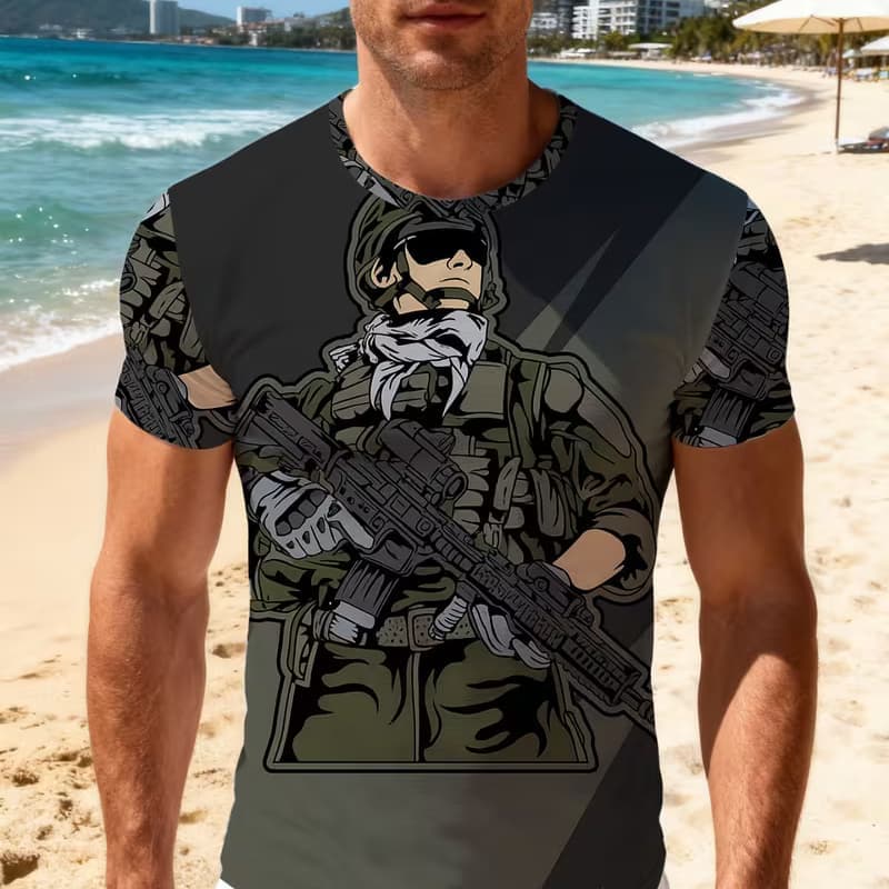 Men s fashion 3D printed men s T-shirt round neck short sleeve, trendy street wear S