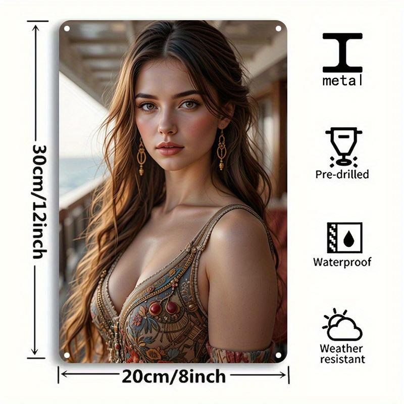 Hisun Tin Sign HD Metal Wall Art Elegant Brunette Woman In Intricate Bohemian Embroidered Dress with Gold Earrings Long Flowing Hair Standing O