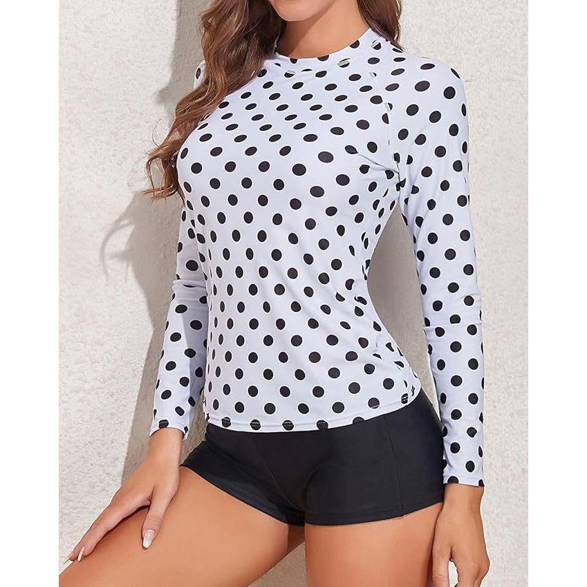 Women Two Pieces Vintage Print Rash Guard Swimwear Long Sleeve Shirt Shorts Surf Top Retro Print Running Shirt Split Swimsuit