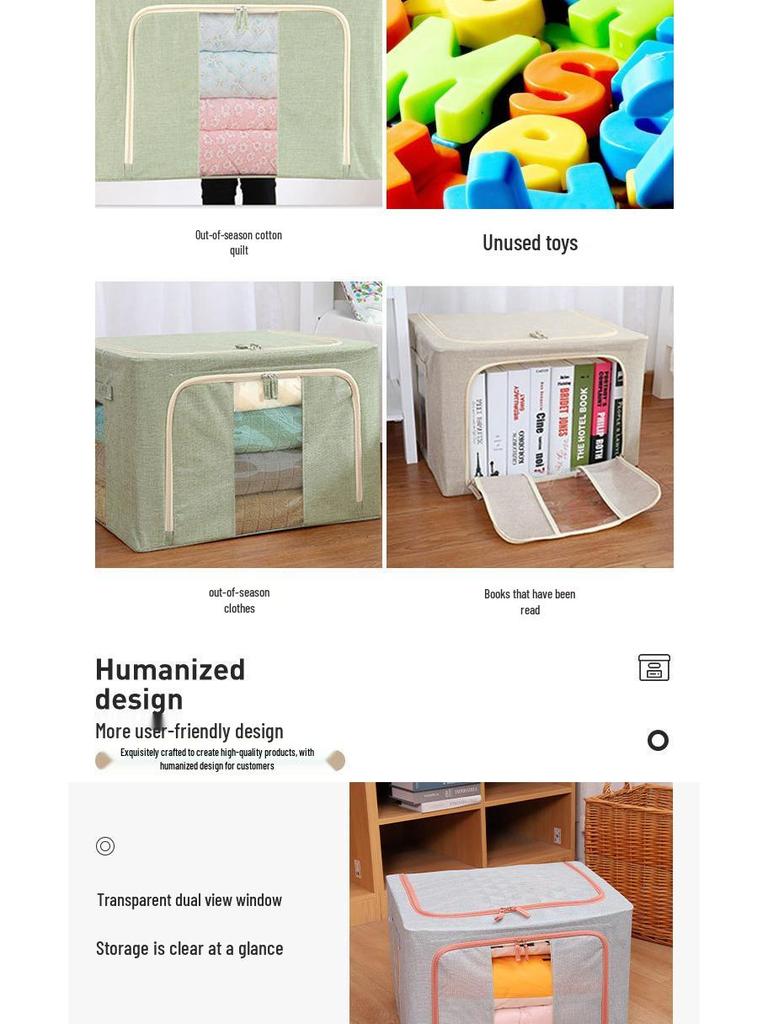 Foldable Cotton Linen Storage Box with Lid - Moisture & Dust-Proof Steel Frame Container