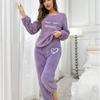 Women's Fluffy Pajama Set - Casual Round Neck Long Sleeve Embroidered Letter Pattern - Teddy Fluffy Casual Pajamas for Winter Warmth, Top and Pants
