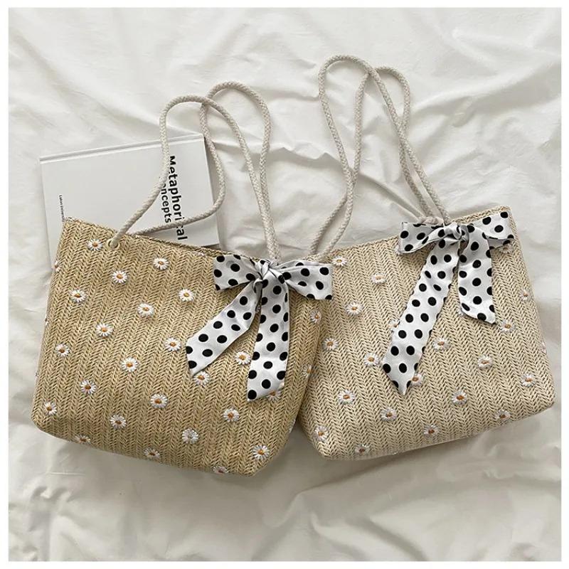 New Straw Woven Tote Bag for Women, Scarf Decoration Large Capacity Beach Handbag, Minimalist Trendy Vacation Shoulder Purse