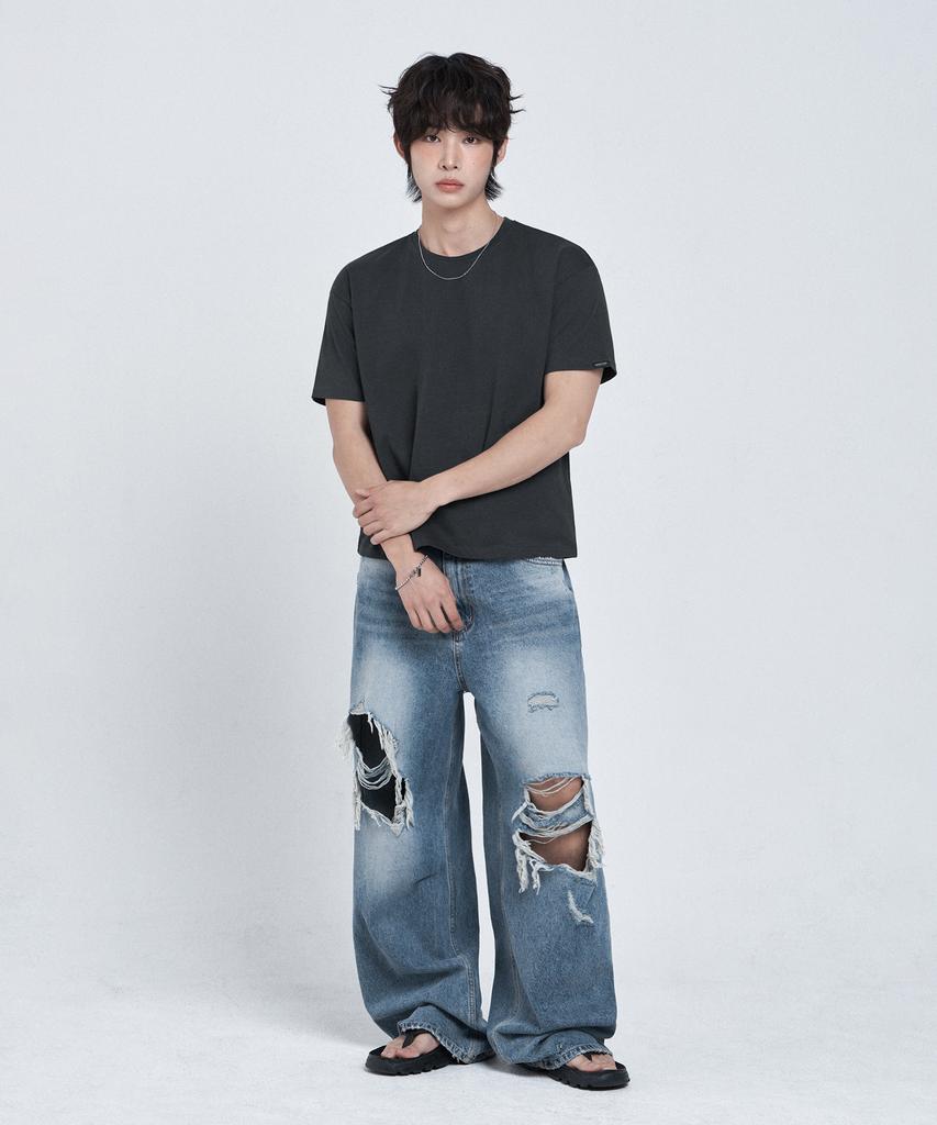 LEMAIN SECOND Cropped Plain Oversized Short Sleeve T-Shirt [Dark Gray]