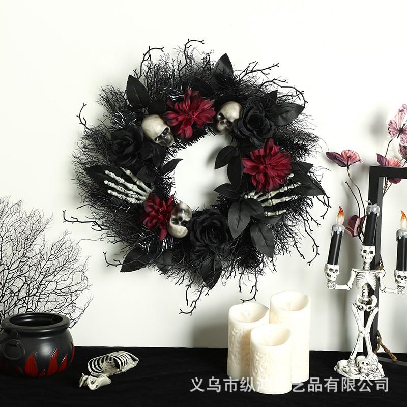 Halloween Wreath Decor With Dried Branches Rose Motif - Plastic Hanging Ornament Party Home Door Decoration