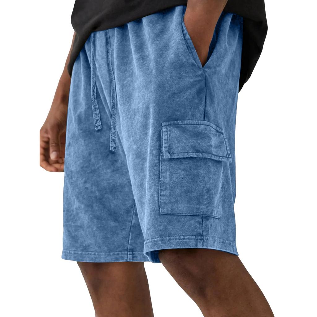Men's Casual And Fashionable Water-washed Cotton Loose-fitting Shorts - Men's Multi-pocket Workwear Drawstring Shorts