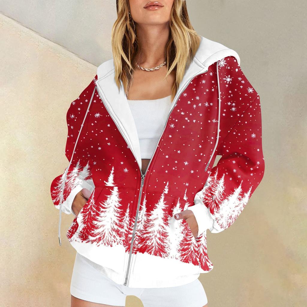 Damenmode Casual Weihnachtsdruck Sweatshirt Herbst Winter Langarm Cardigan Jacke Mit Tasche Reißverschluss Hoodie Jacke