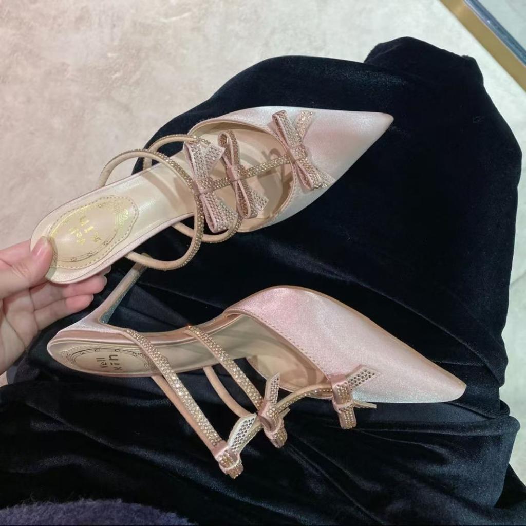 Bow rhinestone section stiletto slippers pointed high heels 2025 new women's outerwear bag head half drag cool slippers