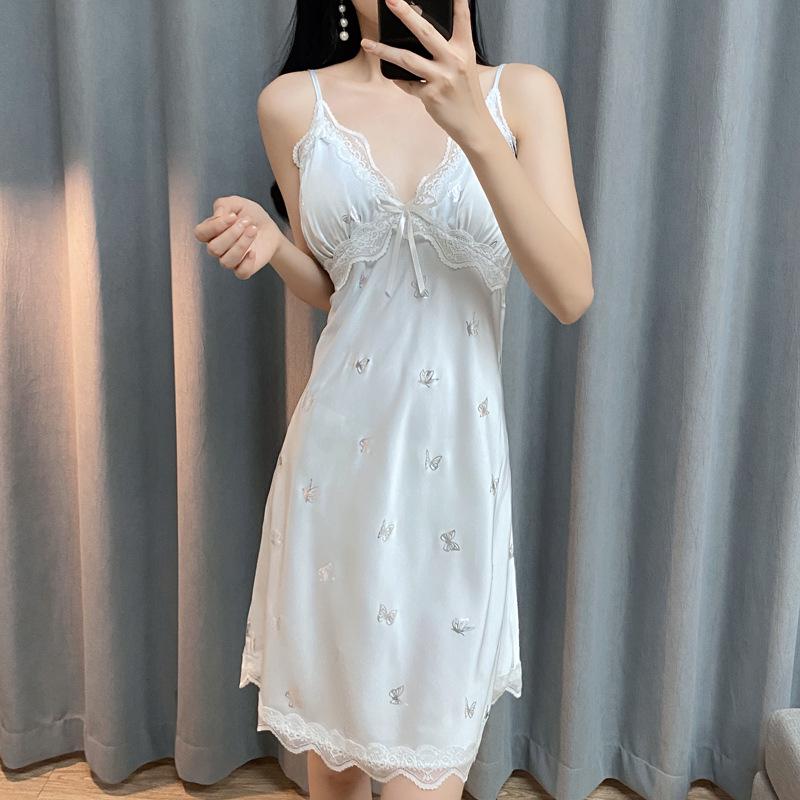 Women's Ice Silk Pajamas: Sexy Lace-Trim Nightgown with Silver Butterfly Robe & Chest Pads