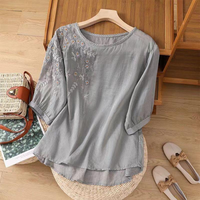 Summer New Thin Crew Neck Shirt Embroidered Literary and Thin Retro Loose Short-sleeved T-shirt