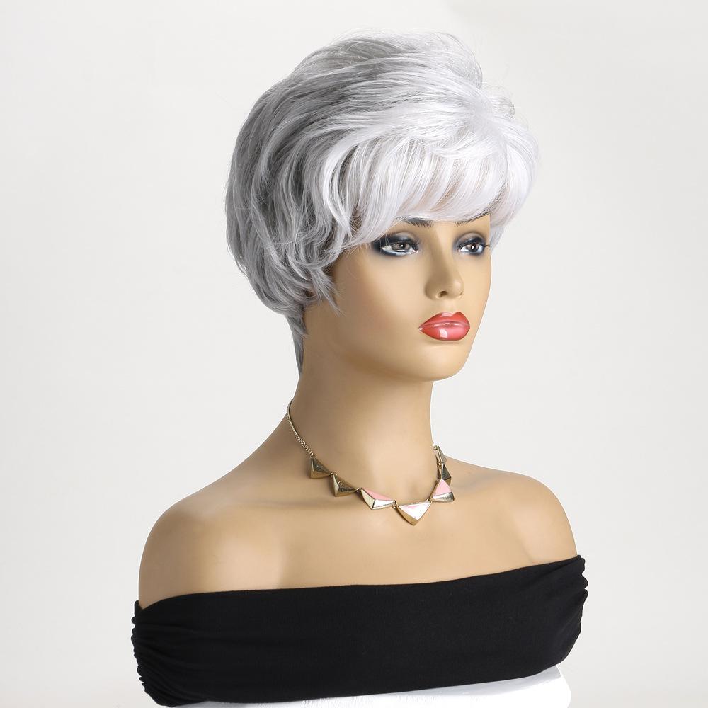 Short Grey Silver Wigs for White Women Natural Layered Pixie Cut Wigs with Bangs Synthetic Short Gray Hair Wig for Older Women