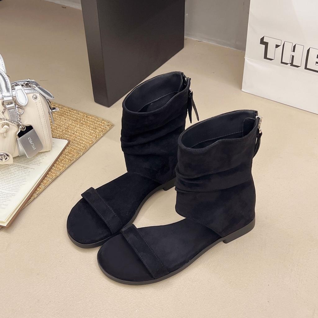 Нішеві ворсисті чоботи однослівні босоніжки на середньому підборі 2025 корейська версія літо нові з відкритим носком на одній педалі товстий підбор римські круті чоботи жіночі