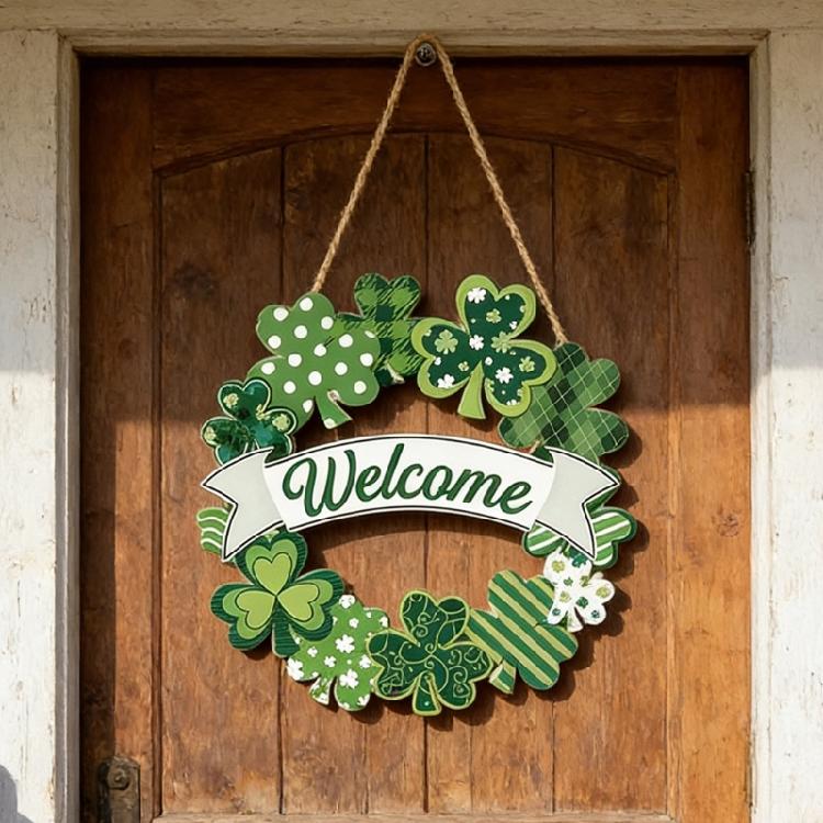 Patricks Day Wooden Wreath for Front Door Decoration Welcome Irish Shamrock Door Sign Spring Hanging Decors for Party