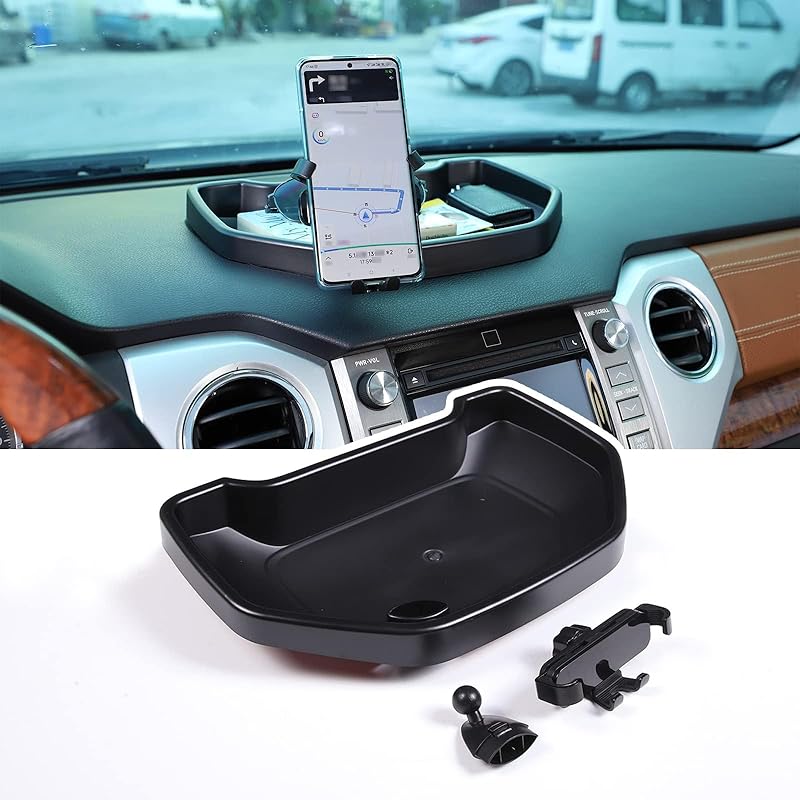 LLKUANG Black ABS Car Center Console Dash Table Storage Tray Fit for Toyota Tundra 2014-2021 Instrument Organizer 360° Rotating Phone Holder Cradle
