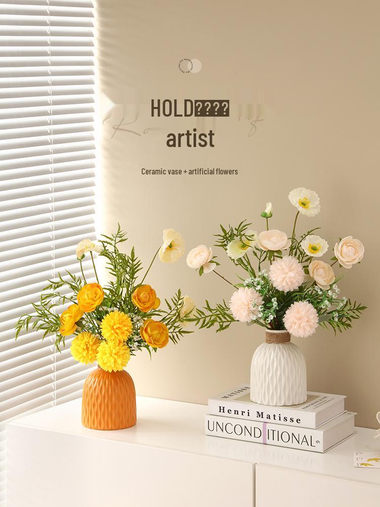 Elegant High-End Artificial Flowers with Ceramic Vase Decor – Luxurious Living Room Arrangement