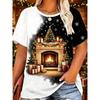 Women's Black Crew Neck Short-sleeved T-shirt, Cute Lamb Christmas Tree Colored Ball Gift Box, Snowflake Print Christmas Day Top