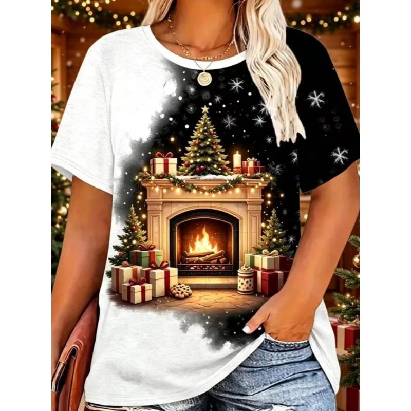 Women's Black Crew Neck Short-sleeved T-shirt, Cute Lamb Christmas Tree Colored Ball Gift Box, Snowflake Print Christmas Day Top