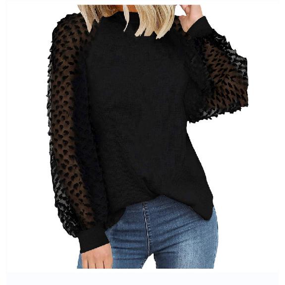 New Spring and Autumn Women s Round Neck Long Sleeve Lace Patchwork Loose T-Shirt Top S чёрный