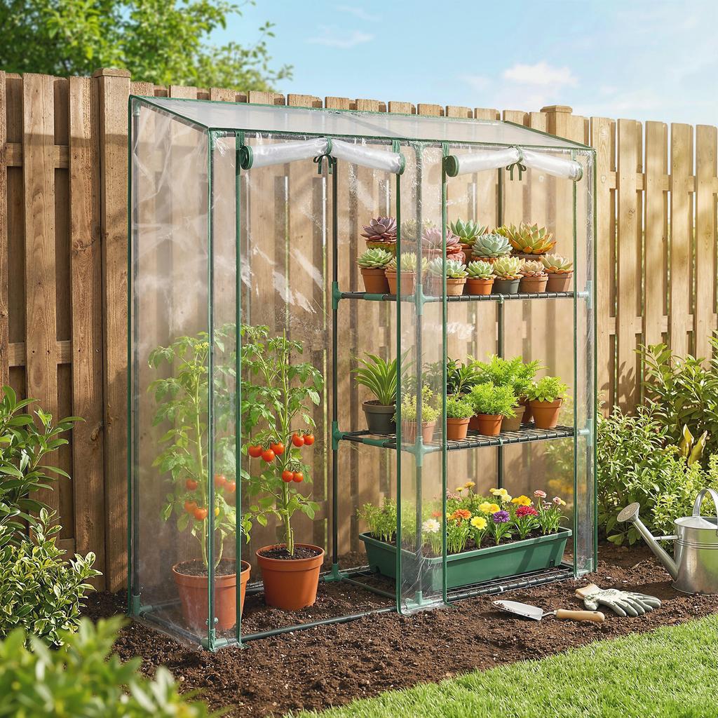 Garden Greenhouse, 3-Tier Shelves, PVC Tarpaulin, Steel Frame, 2 Rolling Doors, Transparent