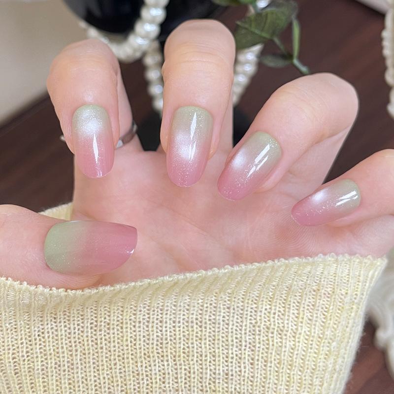

24PCS Peachy Gradient Cat Eye Press on Nails Pure Color Blush Short Oval False Nails Ins French Style Fake Nail Tips with Design