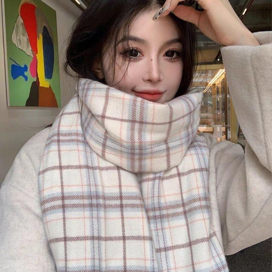 

Milky Color New Literary Japanese Large Scarf Autumn and Winter Women s Retro Tassel Plaid Scarf Student Shawl Dual Use