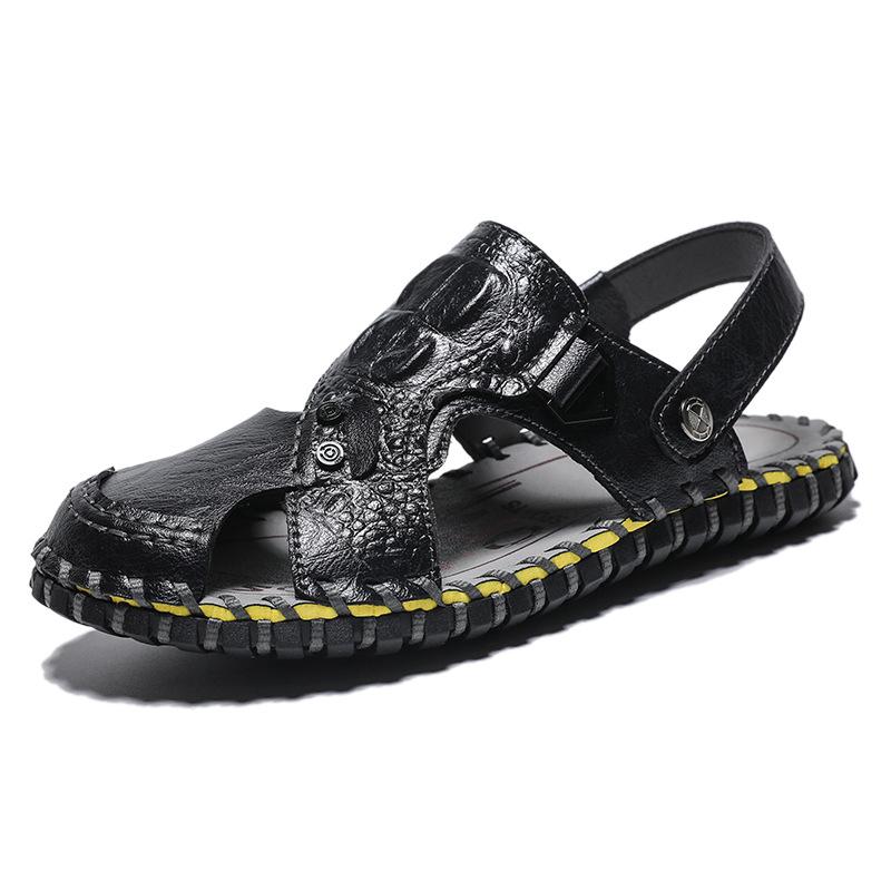 Large size sandals men's hand-sewn breathable casual beach shoes men's soft-soled crocodile pattern Roman sandals