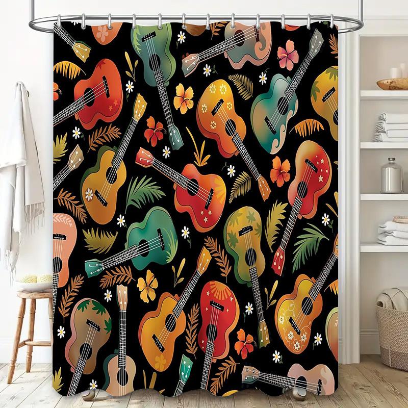 Hawaiian Shower Curtain Tropical Hibiscus Floral Ukulele Beach Theme Decor Waterproof Bathroom Fabric