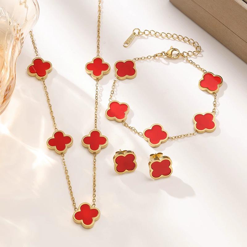 Titanium Steel Four-Leaf Clover Jewelry Set: Bracelet, Necklace & Earrings.