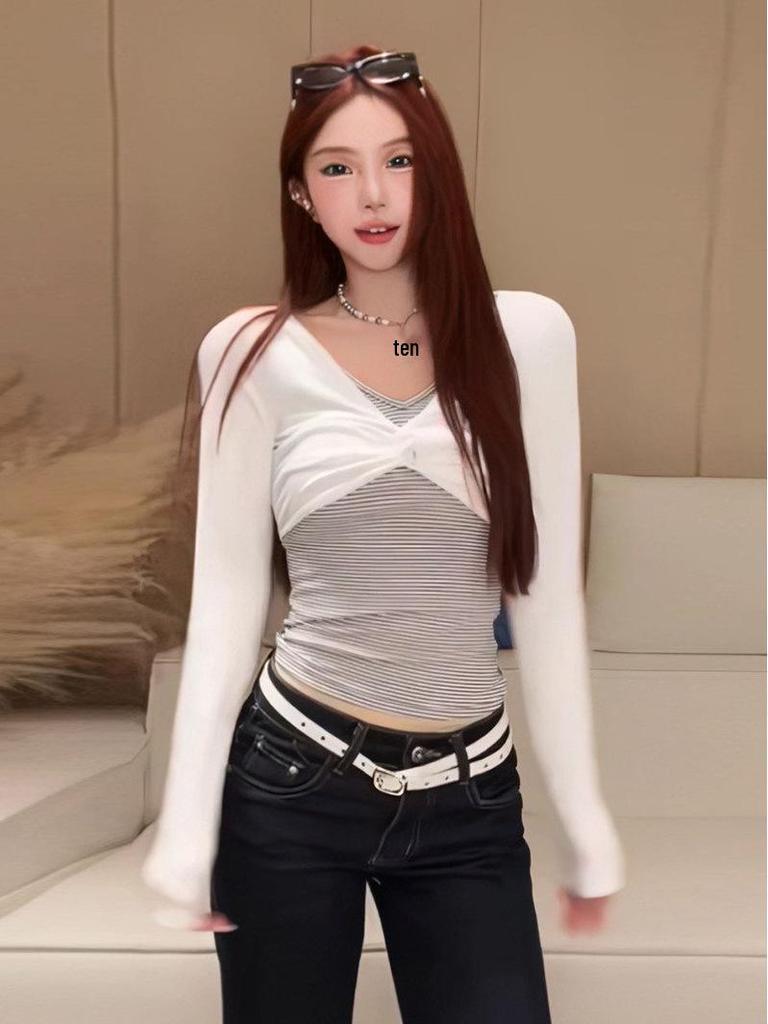 New Arrival Women's Sweet & Spicy Twisted Knot Slim Fit Color Block Stripe Two-Piece Look Long Sleeve Top