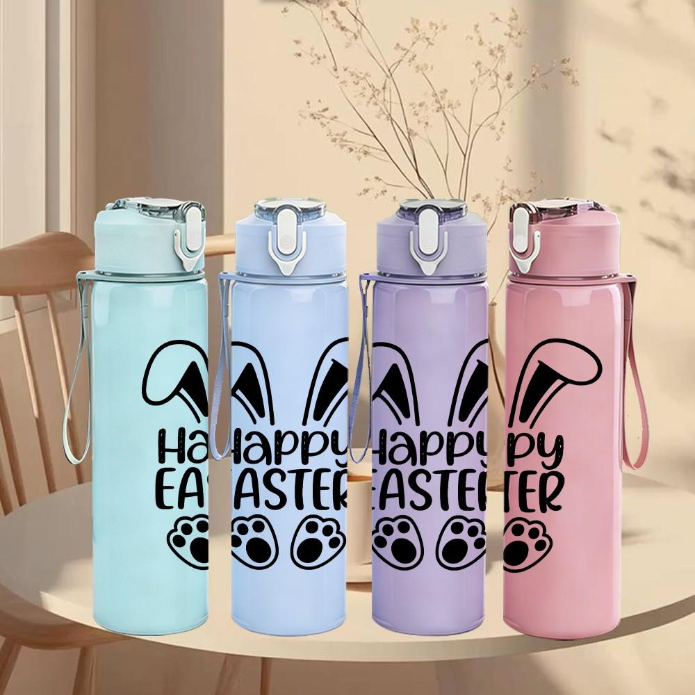 1PC Happy Easter Bunny Ear Logo 750ml Color Plastic Sports Water Bottle Leakproof Flip Straw Lid Suitable for Sports Office Home Use