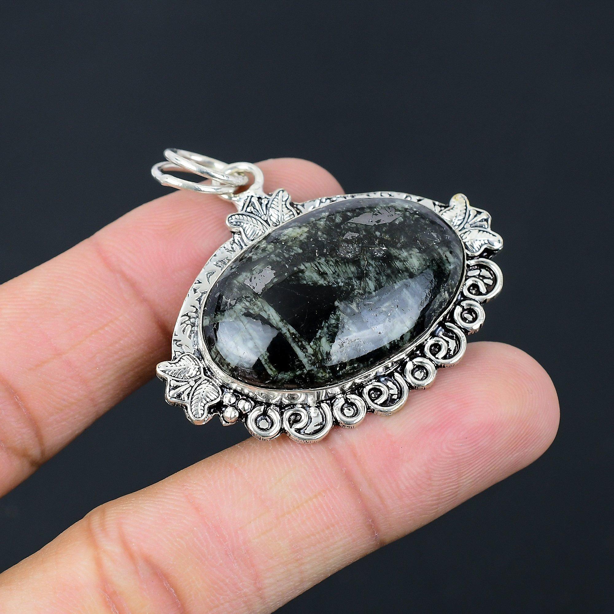 Natural Star Galaxy Jasper Gemstone Pendant Green 925 Sterling Silver Jewelry