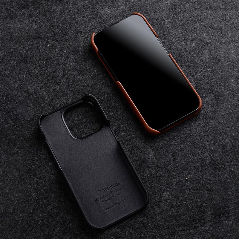 MELKCO For iPhone 15 Pro Case Genuine Cow Leather Coated PC Incomplete Waxy Phone Cover