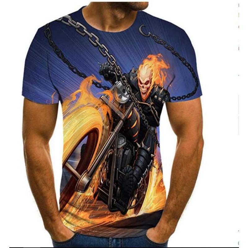Summer Round Neck 3D Flame Skull Print Top Fashionable Casual Short Sleeved Men's T-shirts