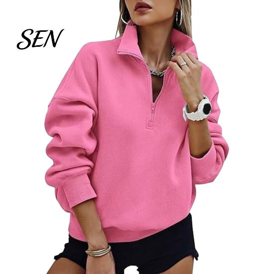 Langarm-Layering-Oberteile Damen Übergroßer Pullover, Stehkragen Reißverschluss Halbe Knopfleiste Oberteile, Leichter Pullover für Lässige Streetwear Entspannt