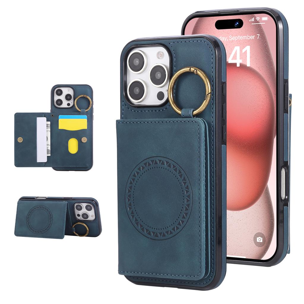 For iPhone 16 Pro Max Case Card Holder Kickstand Leather + TPU Phone Cover with Ring Holder