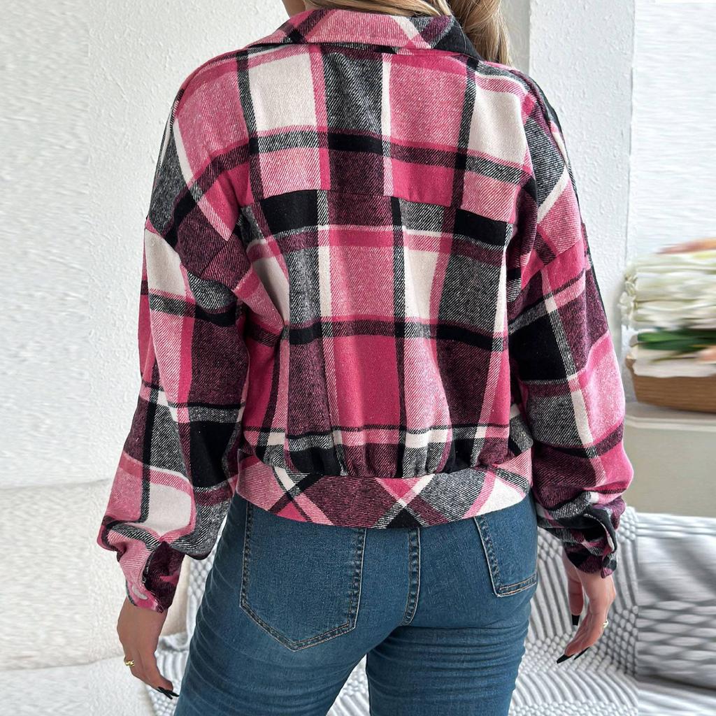 Women's Casual Plaid Fake Pocket Long Sleeve Cardigan Button Tweed Jacket